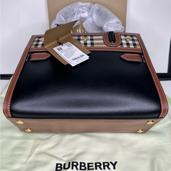 BURBERRY Logo Vintage Check Black Leather Small Title Crossbody Shoulder Handbag - Picture 15 of 16
